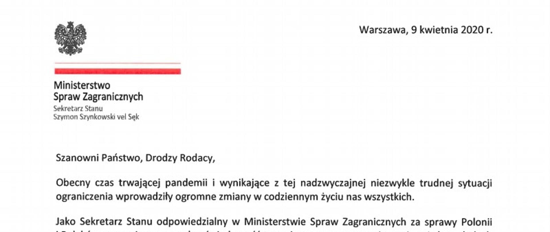 Zdjęcie pierwszej strony listu Ministra Szynkowskiego vel Sęka