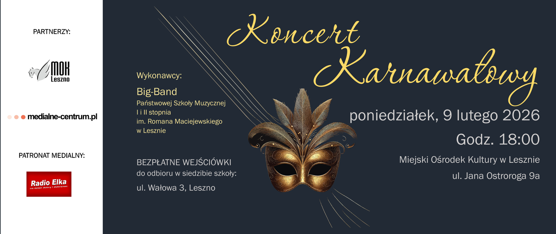 Plakat Koncertu karnawałowego z rysunkiem maski i informacji o terminie i miejscu oraz sponsorach