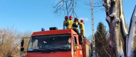 Funkcjonariusze Państwowej Straży Pożarnej usuwają gałęzie z linii energetycznych stojąc na wozie bojowym