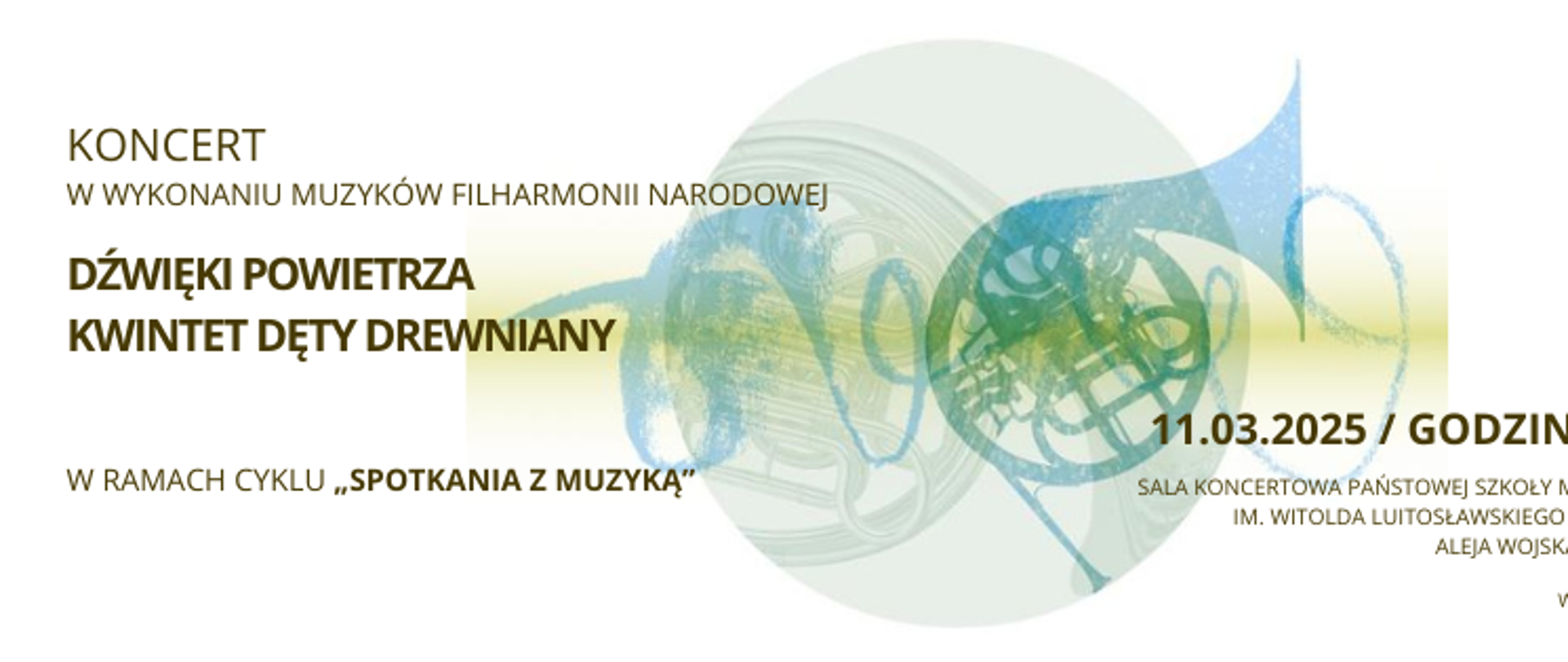 Na białym tle poziomego plakatu w głównej jego części przedstawiona jest grafika przedstawiająca waltornię z profilu w kolorze bladoniebieskim wokół której ulokowana jest grafika kolorze szarym przedstawiające korpus waltorni wpisana w bladoszary okrąg. W lewej części umieszczone są czarną czcionką informacje o koncercie - nazwa a poniżej tytuł koncertu - Dźwięki powietrza kwintet dęty drewniany. Pod grafiką po prawej stronie dokładna data i miejsce oraz informacja że wstęp jest bezpłatny w prawym dolnym rogu.