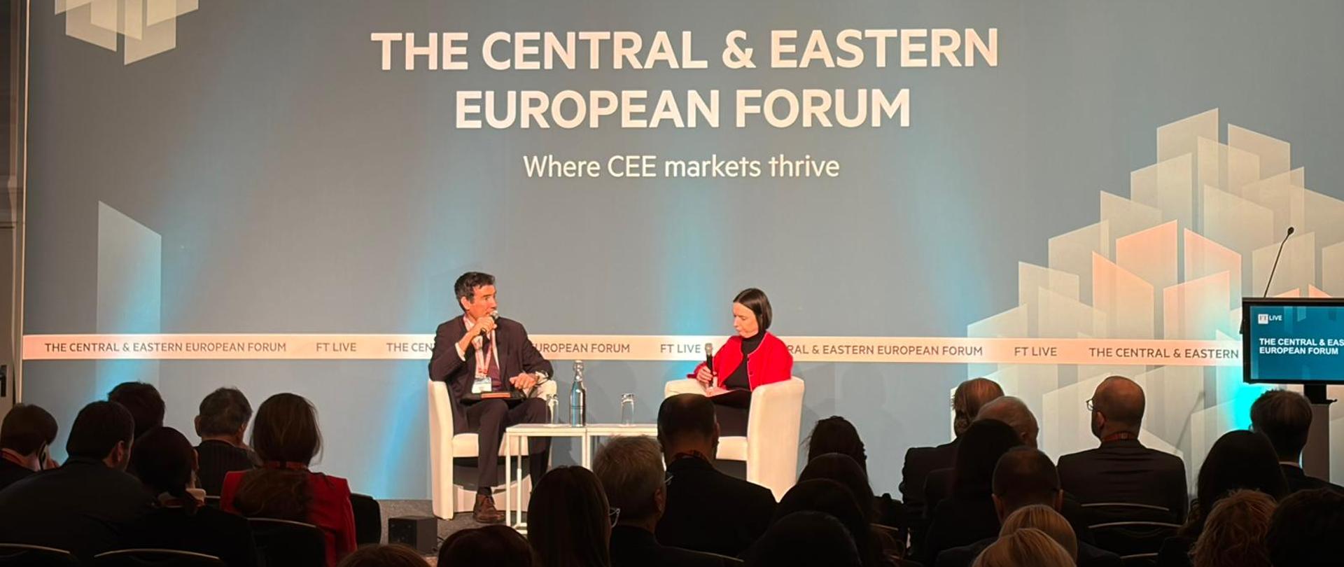 Wiceminister Eliza Zeidler w rozmowie z korespondentem Financial Times, Raphaelem Minderem. Ujęcie zza słuchaczy. 