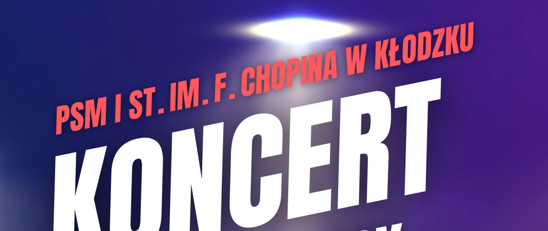 Plakat na fioletowym tle z informacją tekstowa dotyczącą koncertu uczniów klasy fletu, trąbki i perkusji, który odbędzie się 12 kwietnia 2024 w auli PSM w Kłodzku
