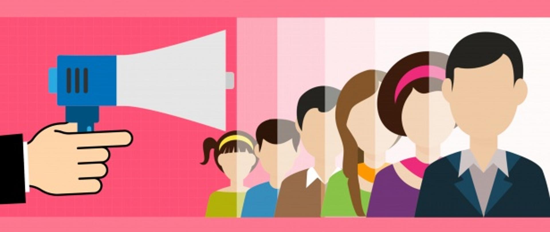 kilka osób wsłuchujący się w komunikat z megafonu