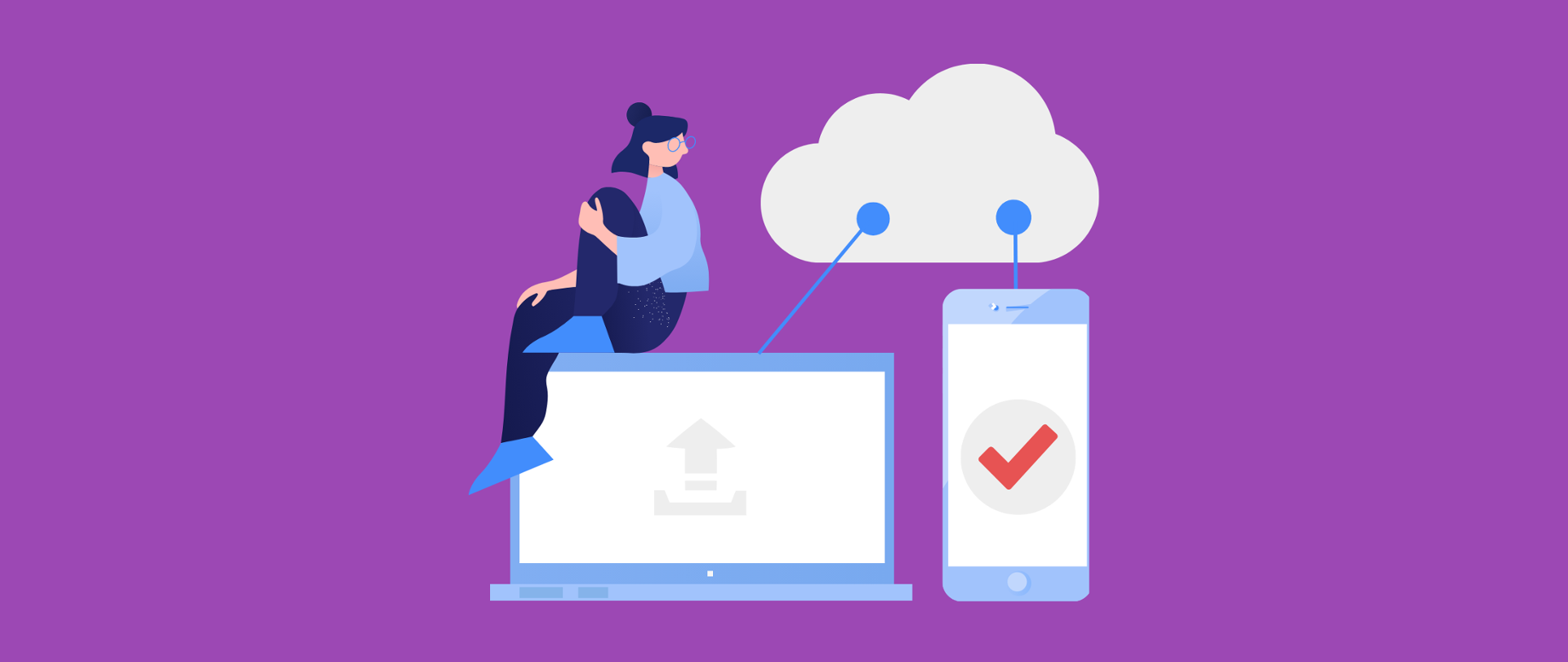 Kolorowa grafika wektorowa: ciemno fioletowe tło, na środku grafiki przedstawiające laptopa i smartfona, na laptopie siedzi kobieta, patrzy w bok na unoszącą się nad urządzeniami chmurę. Chmura i urządzenia są połączone.