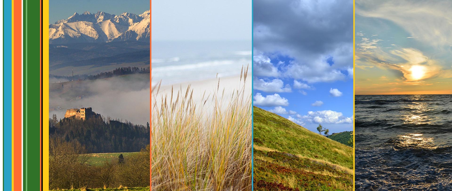 Kolaż zdjęć przedstawiający kolejno: tatry, plażę, stok górski, taflę wody w jeziorze.