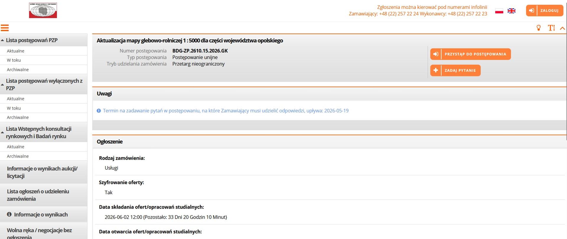 zrzut ekranu przedstawia ogłoszenie o postępowaniu PZP na aktualizację mapy glebowo-rolniczej 1 : 5000 dla części województwa opolskiego