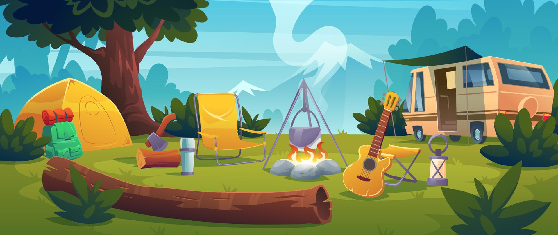 Summer camp with bonfire, tent, van, backpack, chair and guitar. Vector cartoon landscape with mountain, forest and campsite. Equipment for travel, hiking and activity vacation