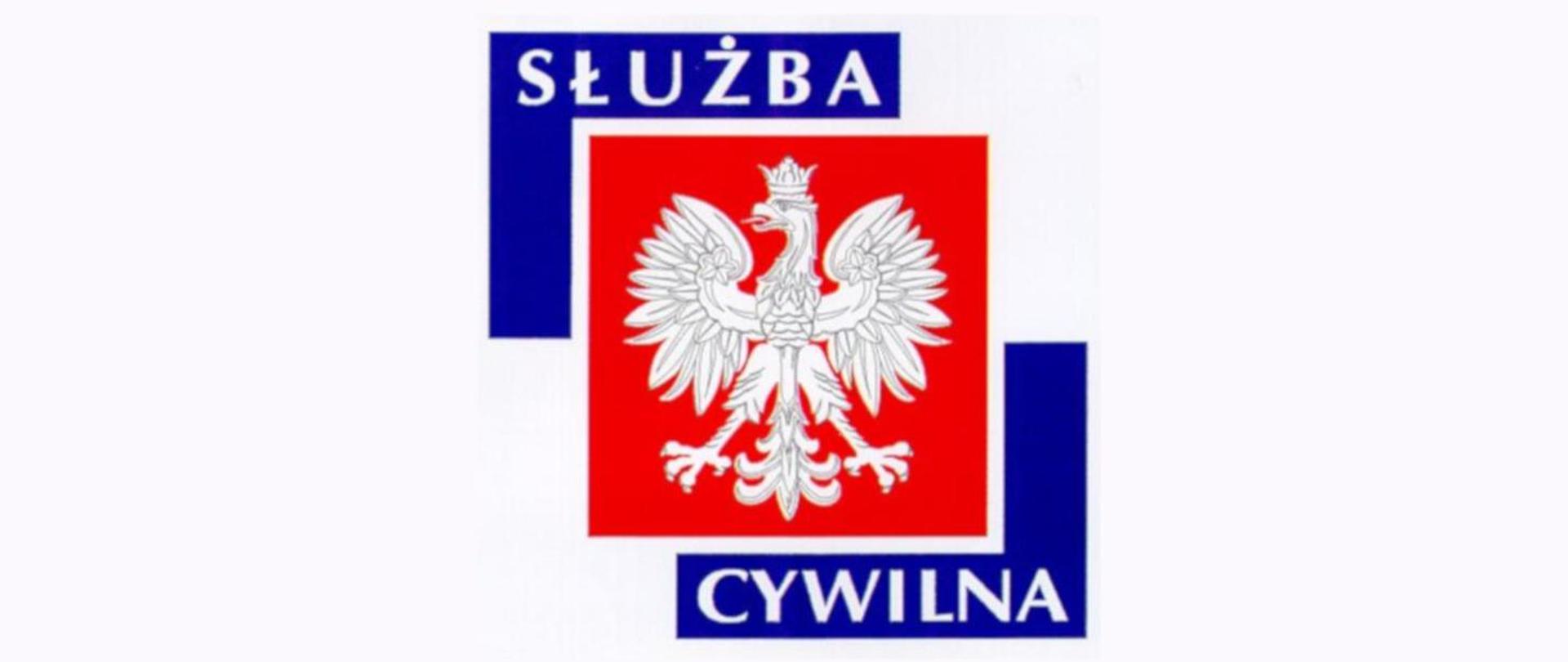 Na środku w czerwonym kwadracie godło Polski. po lewej na górze na niebieskim tle napis Służba, po prawej na dole na niebieskim tle napis Cywilna