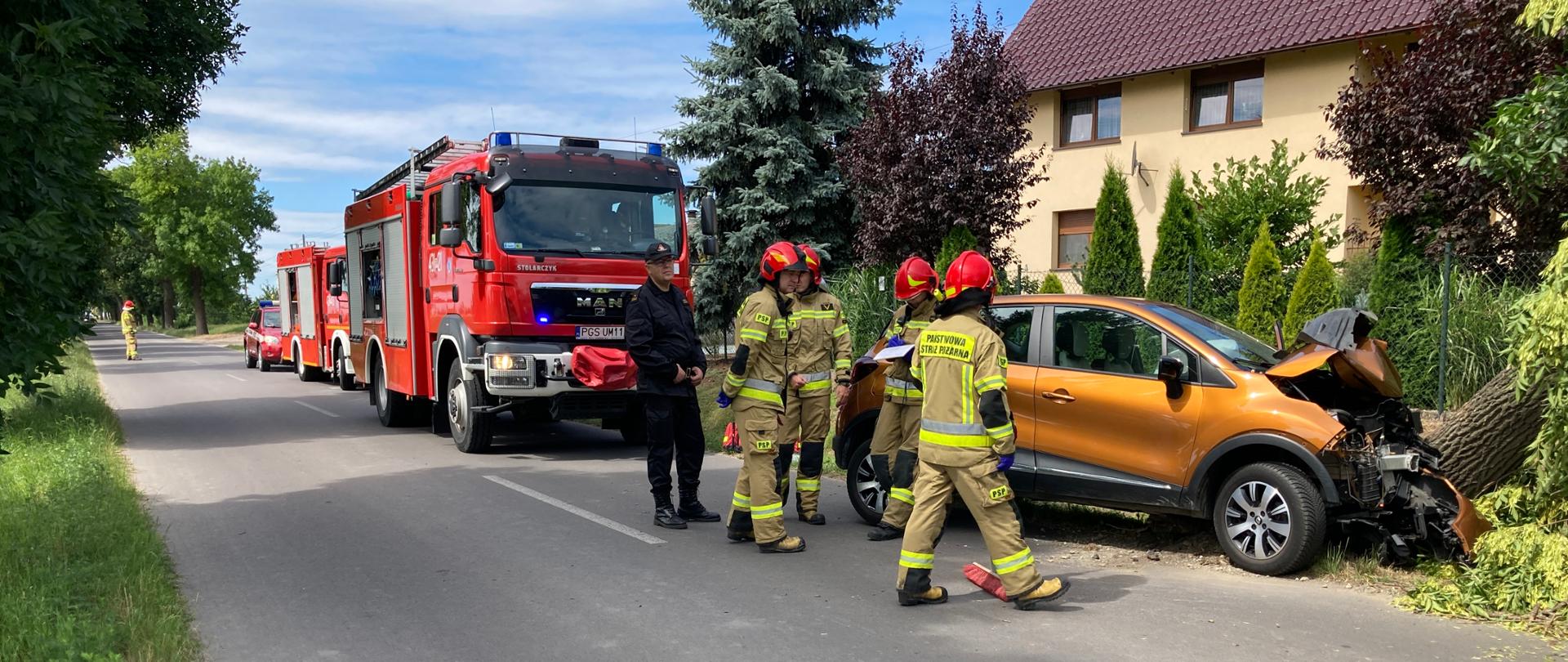 Zdjęcie przedstawia strażaków, prowadzących działania przy uszkodzonym pojeździe i drzewie.