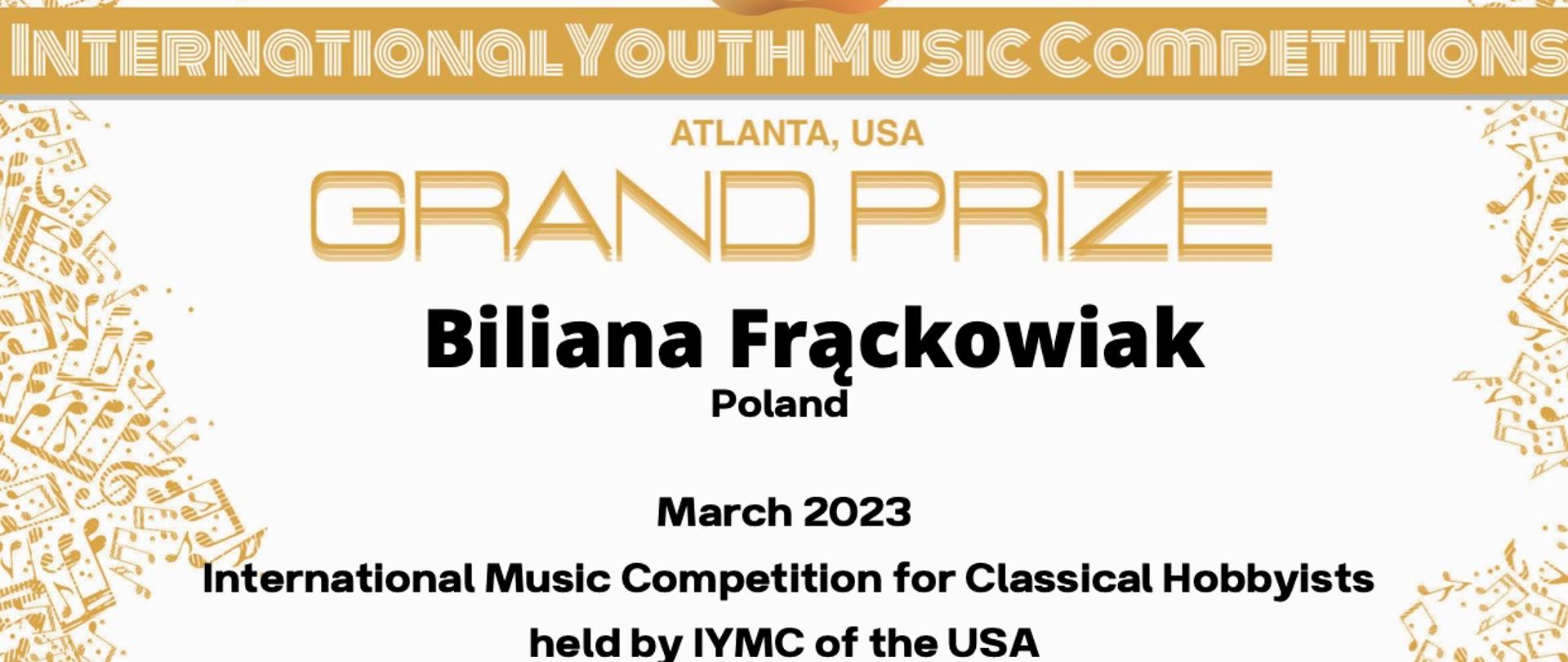 Na białym tle symbole nut i kluczy dookoła, w centralnej części informacje w języku angielskim, na dole podpis przewodniczącego komisji.