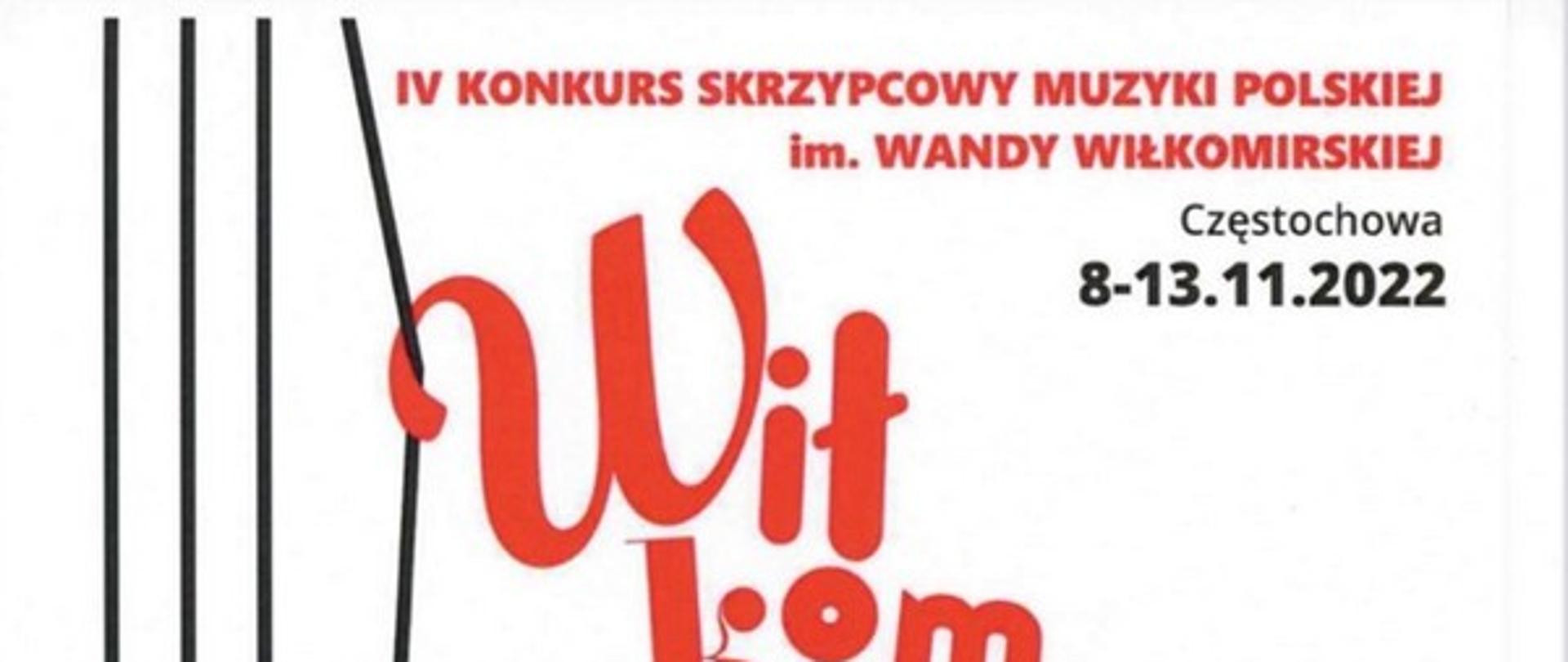Dyplom wyróżnienia dla Tomasza Fatli w IV konkursie skrzypcowym muzyki polskiej im. Wandy Wiłkomirskiej organizowany w Częstochowie w dniach 8-13.11.2022 r. Z lewej strony struny skrzypcowe które szarpie literka W z nazwiska Wiłkomirska. Poniżej podpisy członków jury oraz nazwa organizatora Zespołu Szkół Muzycznych w Częstochowie.