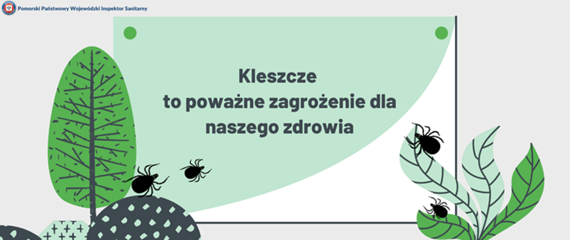 Grafika przedstawiająca drzewa, oraz trawy i chodzące po nich kleszcze.