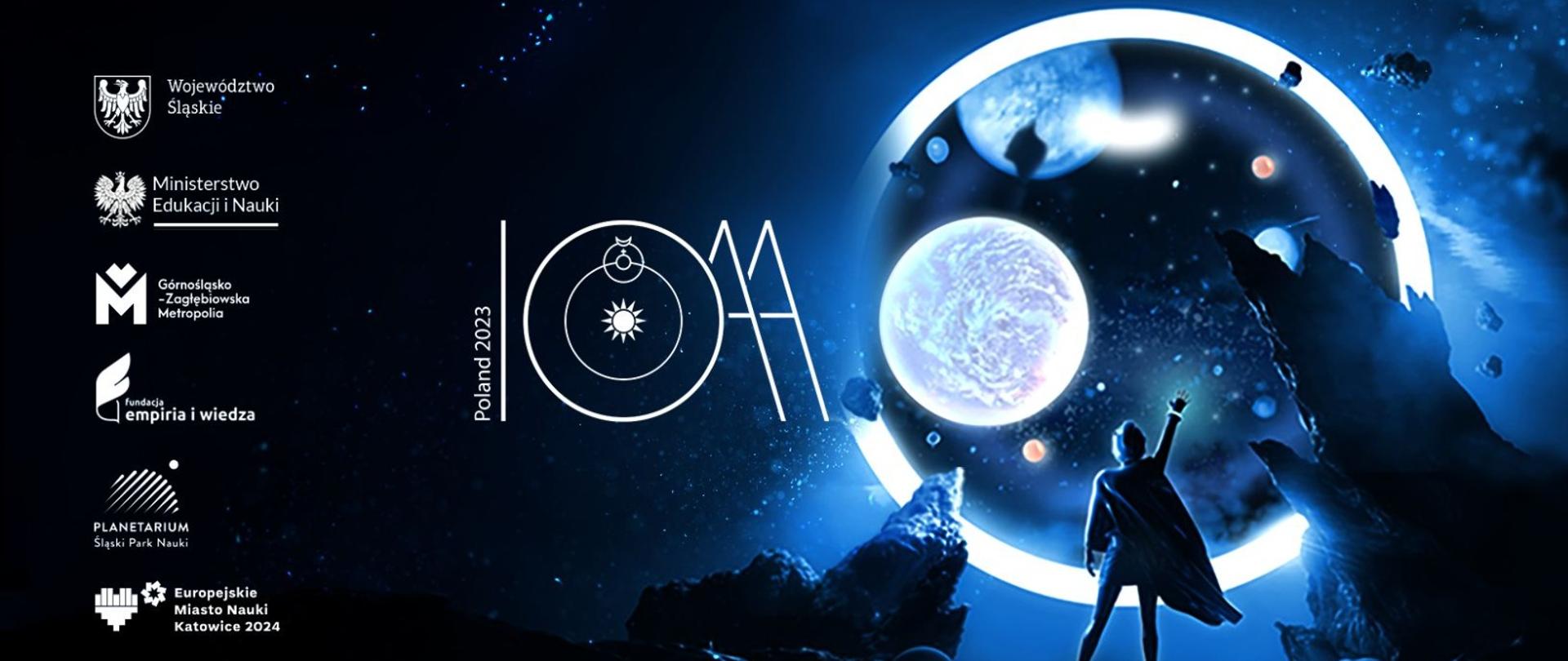 Grafika - sylwetka człowieka na tle gór i nocnego nieba, obok napis IOAA - Poland 2023