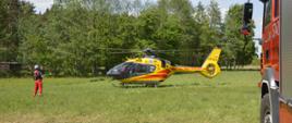 Łąka w Dębnie Polskim, a na nim śmigłowiec ratunkowy z pacjentem na pokładzie, przygotowujący się do startu. Przed maszyną stoi ratownik medyczny. W tle drzewa, a z prawej strony widoczny fragment wozu strażackiego.
