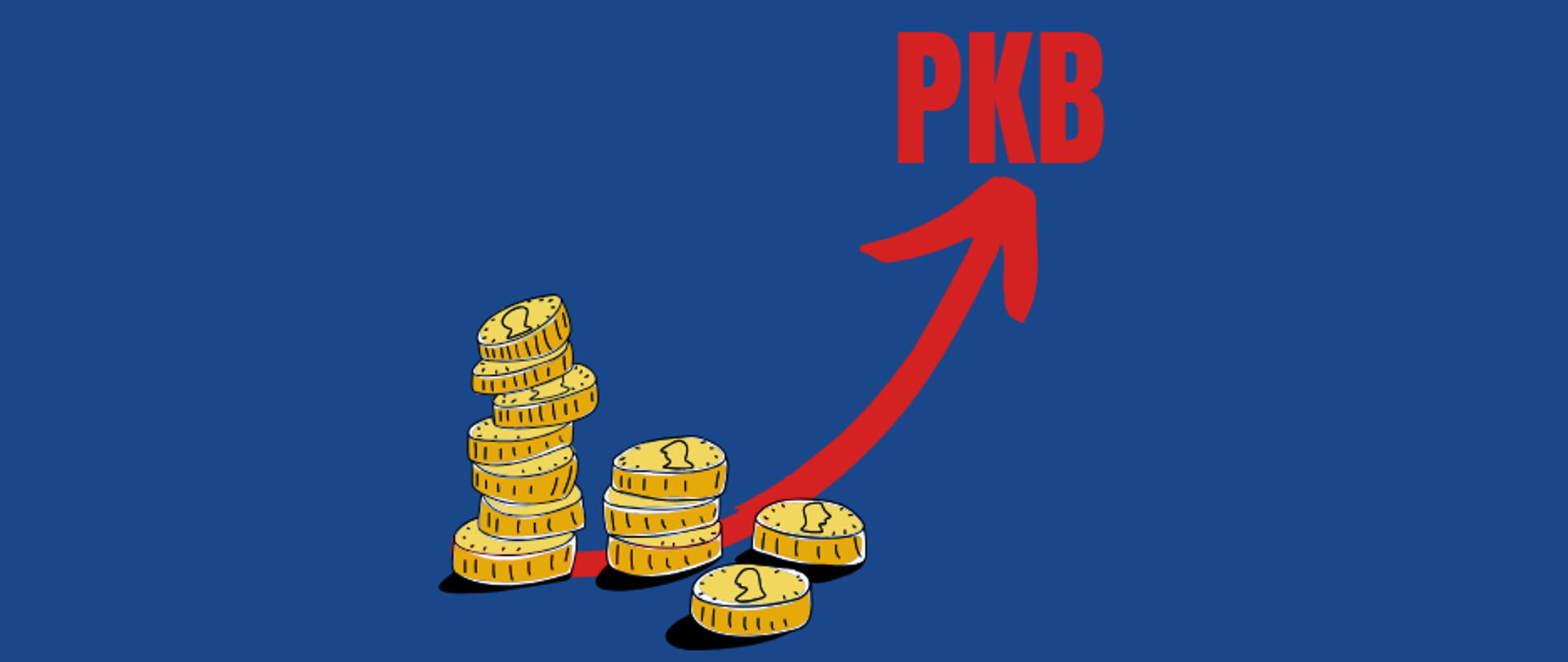 Grafika, po prawej stronie znajdują się monety, obok strzałka idąca do góry na szczycie, której napisane jest PKB 
