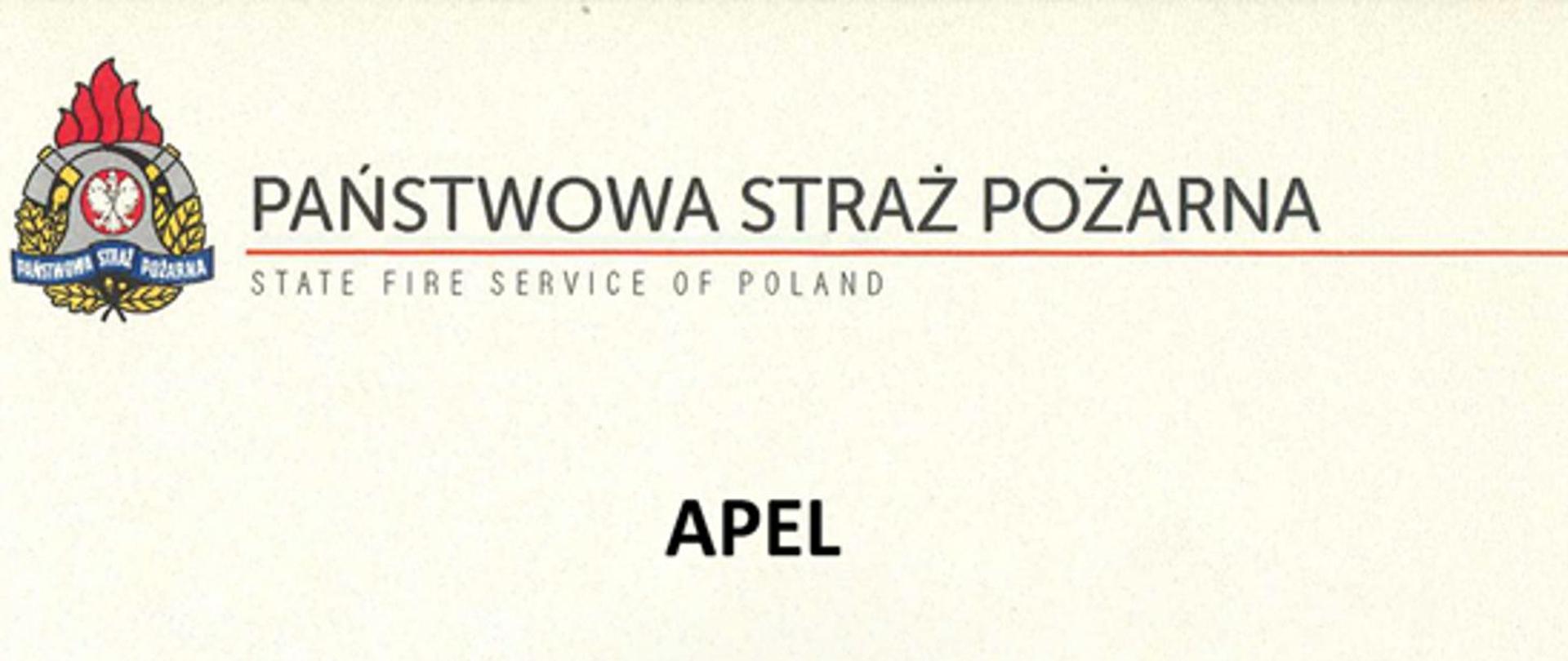 Baner Państwowej Straży Pożarnej. W dolnej części napis "APEL".