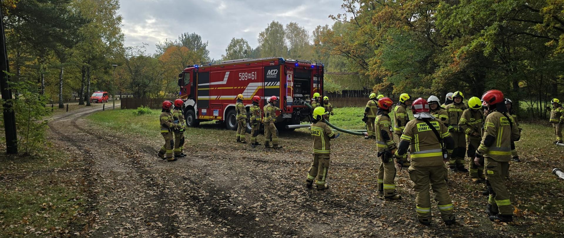 Na zdjęciu czerwony samochód strażacki i około dwudziestu strażaków w piaskowych ubraniach specjalnych. Stoją między leśną drogą, a ogrodzeniem. W tle wysokie ciemnozielone drzewa. Ponad drzewami pochmurne niebo. 