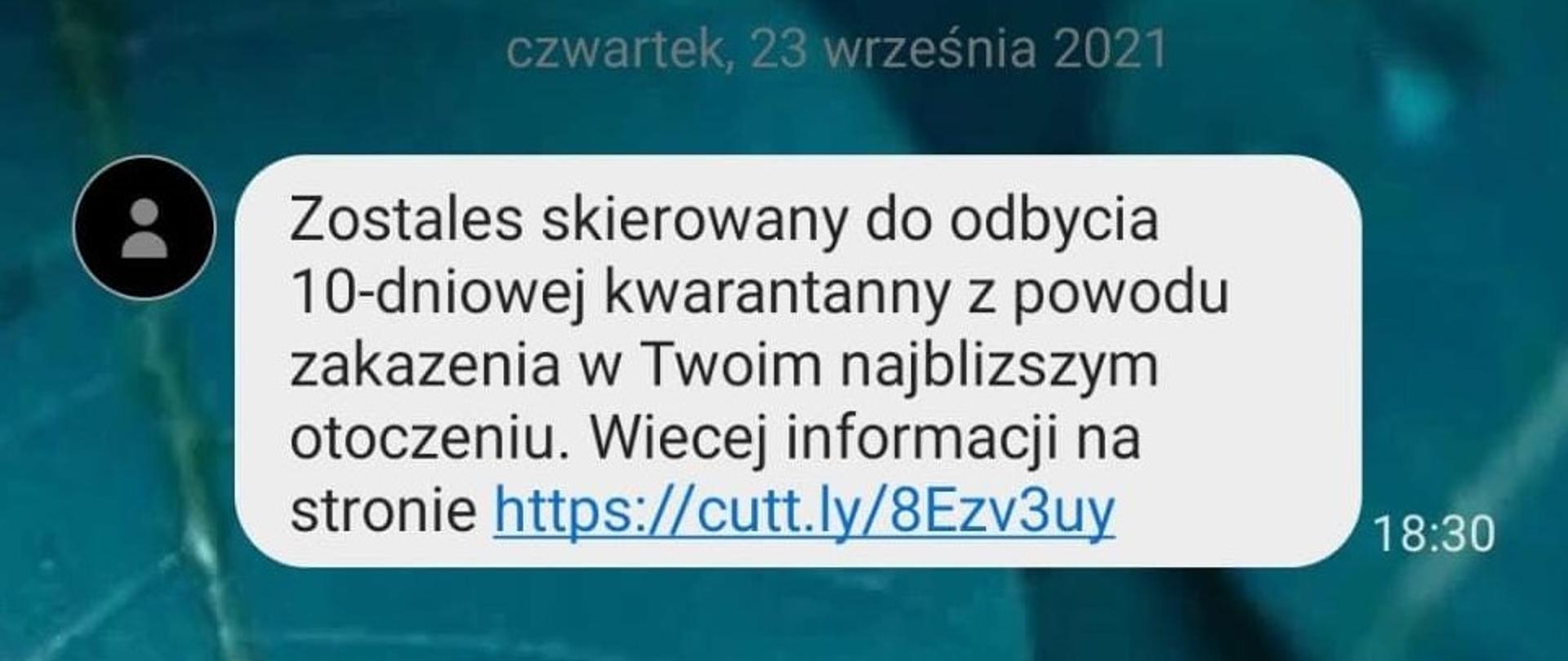 zdjęcie fałszywego sms-a o kwarantannie