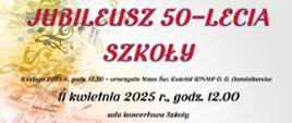Plakat Jubileuszu 50-lecia szkoły. Po lewej stronie, wzdłuż plakatu kolorowe ilustracje przedstawiające klucze wiolinowe oraz nuty. Tekst w kolorze czerwonym i czarnym.