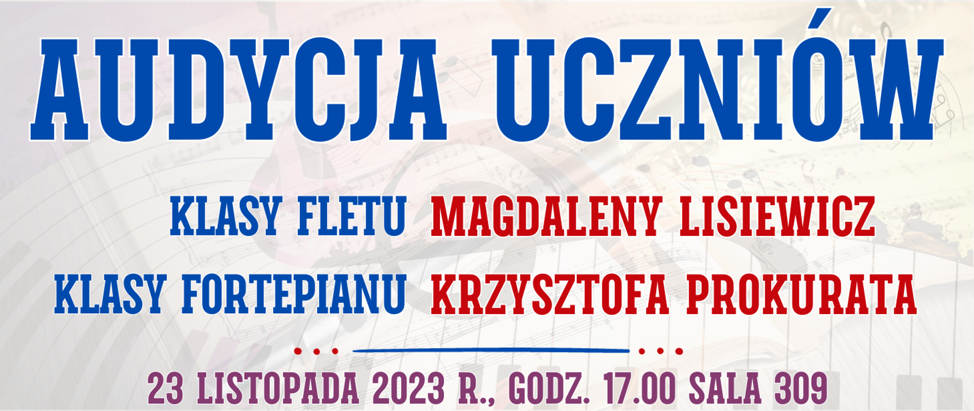 kolorowe tło z muzycznymi elementami typu clipart oraz informacja o wydarzeniu