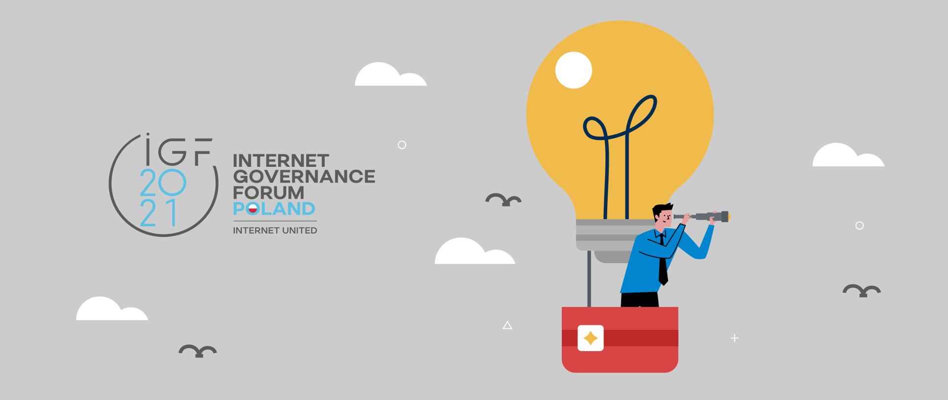 Grafika przedstawia rysunek balonu z koszem na tle chmur i ptaków. W koszu świat obserwuje pilot z lunetą w ręku. Na grafice znajduje się logotyp IGF 2021 z napisem Internet Governance Forum "Internet United". 