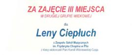 Na dyplomie widoczne imię i nazwisko laureatki III miejsca w konkursie.