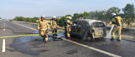 Na zdjęciu jest wrak spalonego samochodu osobowego na autostradzie oraz 5 strażaków w ubraniach specjalnych