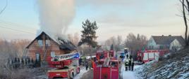 Zdjęcie. Pożar budynku. Uczestnicy akcji gaśniczej. 