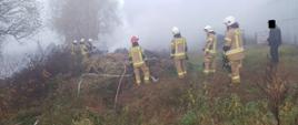 Na zdjęciu ratownicy w umundurowaniu oraz sterta palących się pozostałości roślinnych. Zdjęcie w ciągu dnia. Widać mgłę.