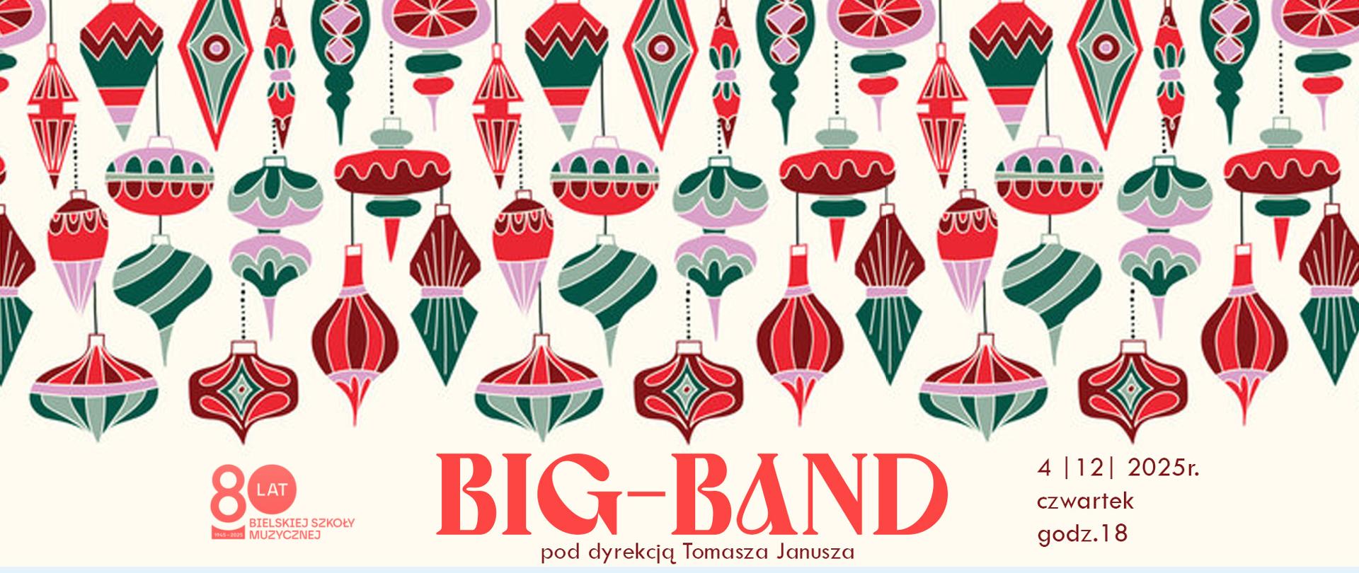 grafika koncertu Big Bnandu szkolnego. Jasne tło na środku kolorowe świąteczne bombki choinkowe. Na dole czerwony napis Big Band po lewej logo ZPSM w BB 
