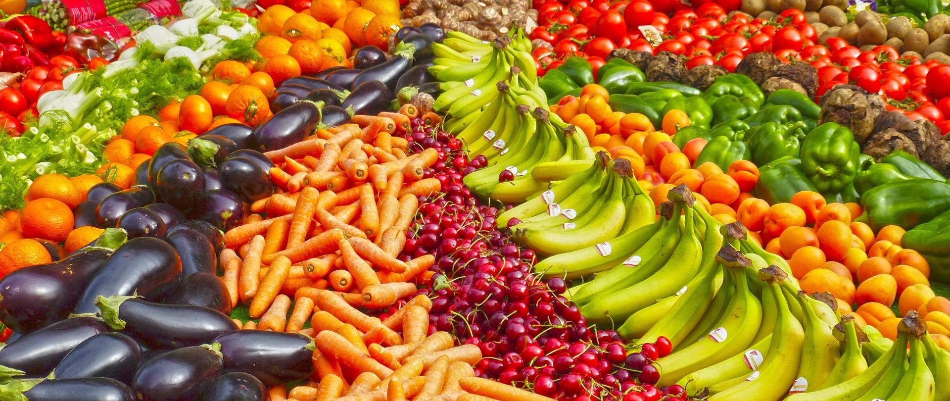 Świeże owoce i warzywa poukładane rzędami. Od prawej pomidory, buraki czerwone, zielona papryka, morele, banany, czereśnie marchew, bakłażany, pomarańcze, koper włoski, czerwona papryka, szparagi