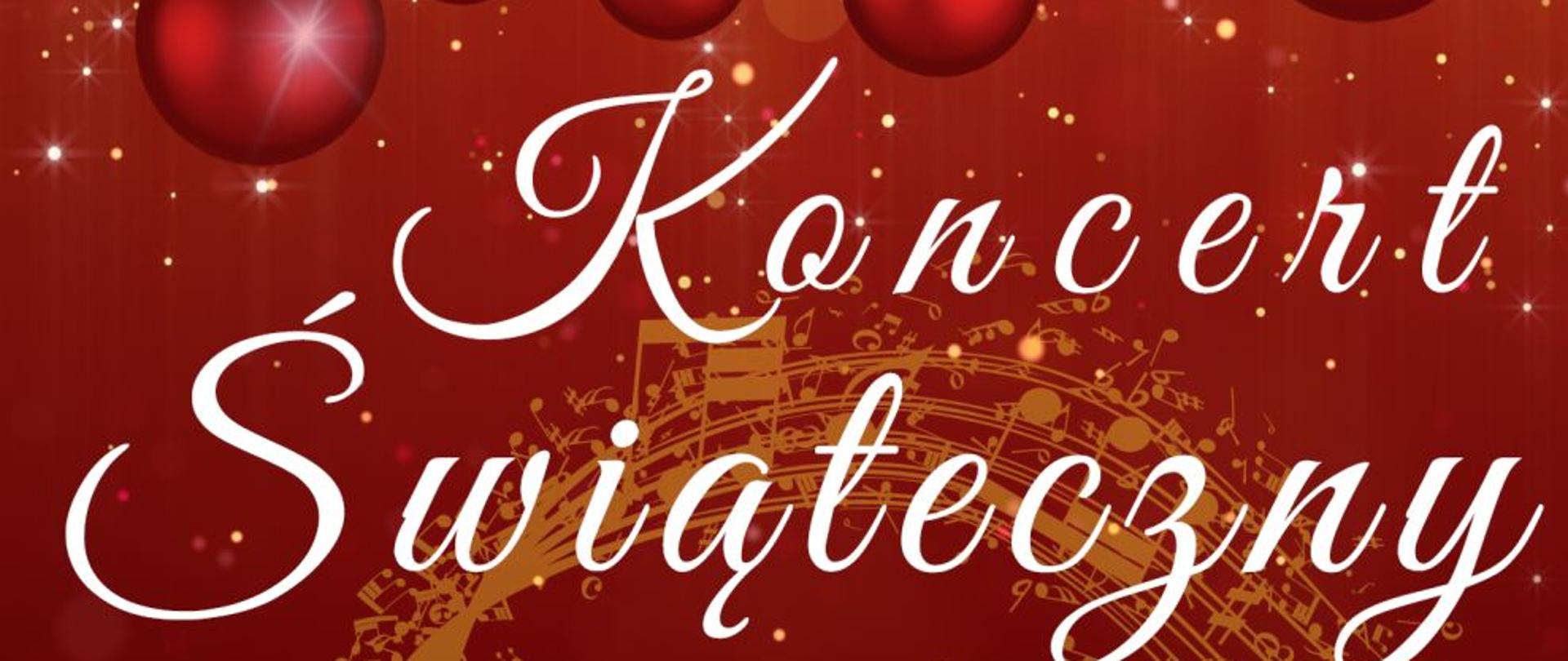 Grafika kolorowa. Na bordowym tle złoty napis o treści: Państwowa Szkoła Muzyczna I i Ii Stopnia w Słupsku. Koncert świąteczny w wykonaniu uczniów i pedagogów. 21 Grudnia 2023 Godz. 17:00. Wstęp wolny. Sala Polskiej Filharmonii “Sinfonia Baltica”Ul. Jana Pawła Ii 3 w Słupsku . Obok artystyczne symbole nut i klucza wiolinowego.