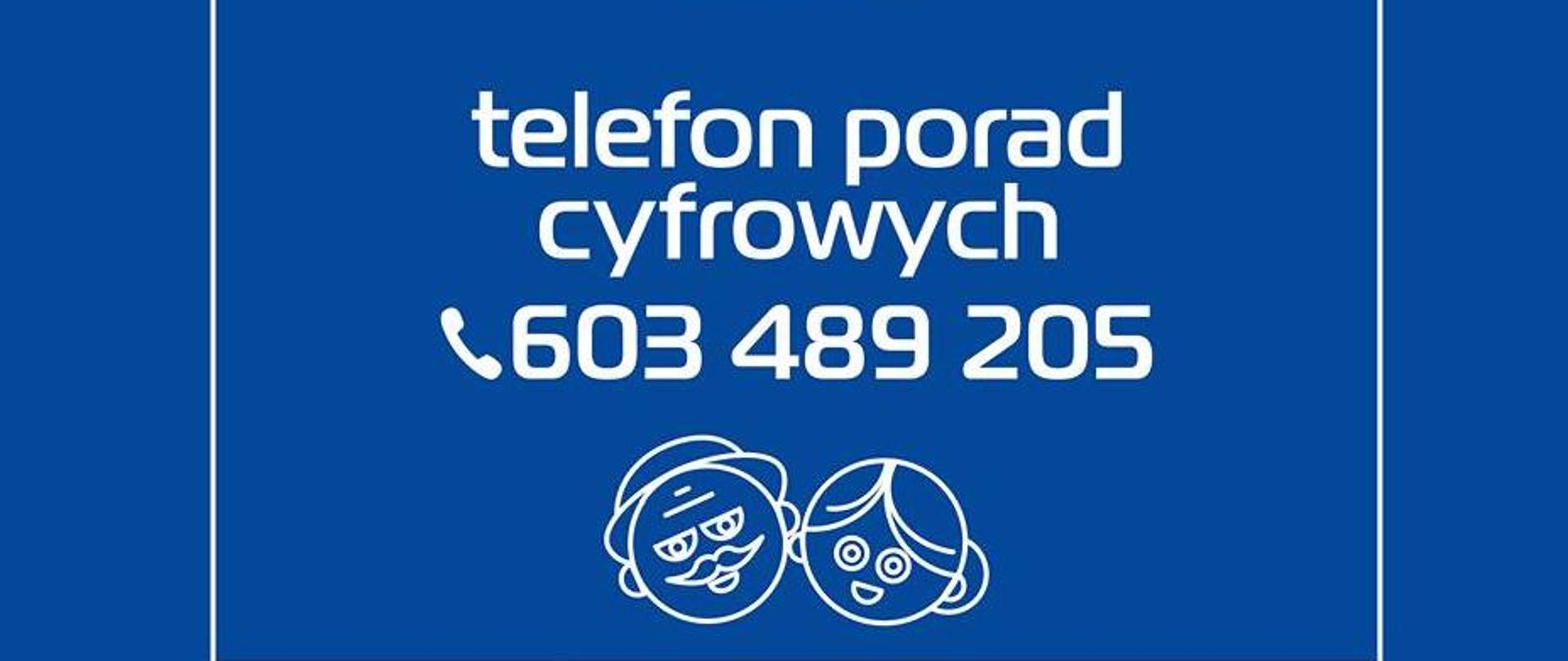 dwie uśmiechnięte buźki seniorów na niebieskim tle oraz napis telefon porad cyfrowych