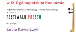 białe tło, kolorowe napisy, kolorowa wiolonczela z prawej strony, czerwony pas na dole