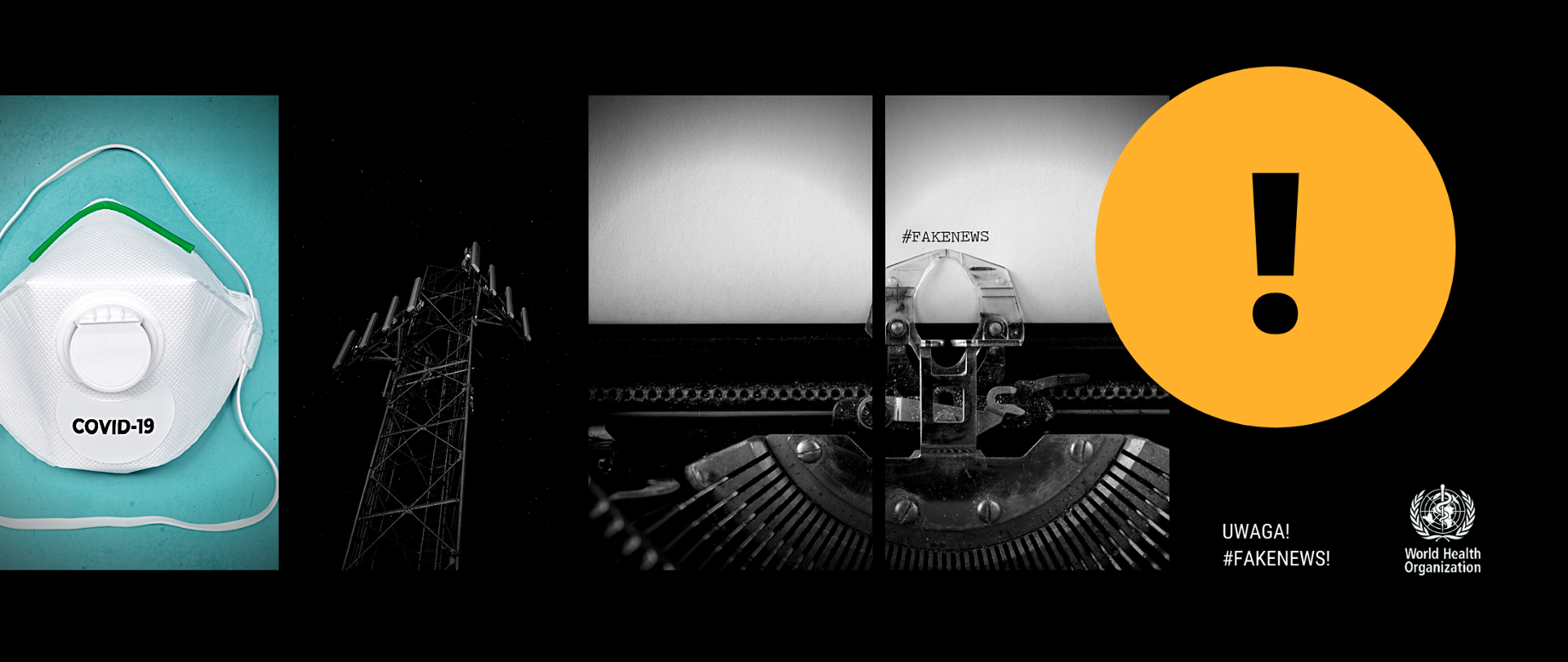 Grafika zdjęć: maska z napisem COVID-19, masztem telekomunikacyjnym oraz maszyną do pisania z napisem "fakenews"