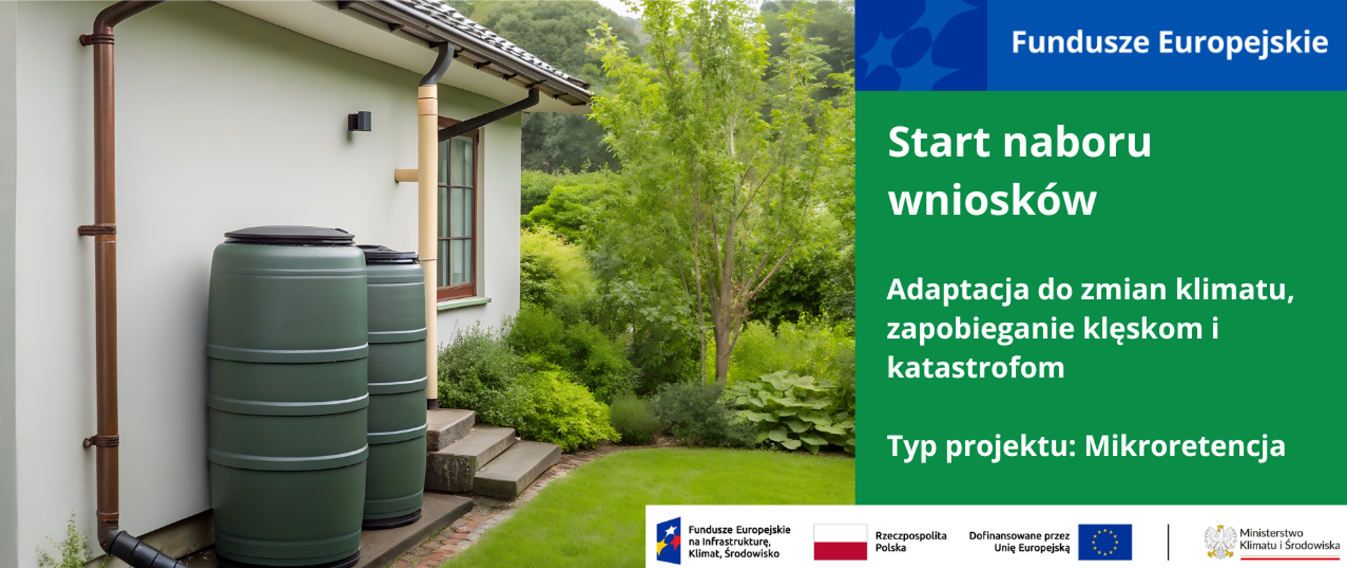 Działka z domem jednorodzinnym, przy domu postawione zbiorniki na deszczówkę. 