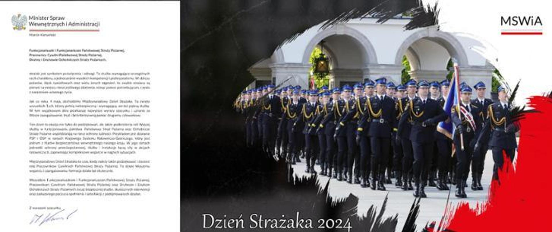 Zdjęcie przedstawia list Ministra Spraw Wewnętrznych i Administracji z okazji Dnia Strażaka oraz zdjęcie przedstawiające przemarsz strażaków w umundurowaniu galowym w kolumnie marszowej na tle Grobu Nieznanego Żołnierza.