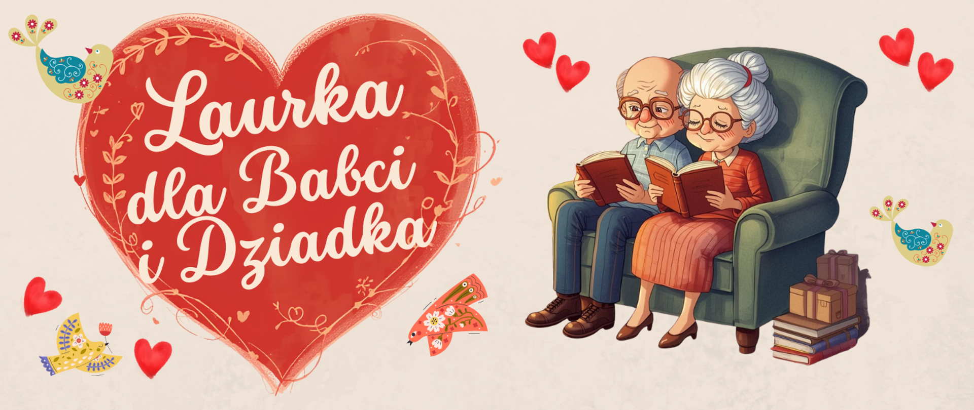 Ilustracja w ciepłym, pastelowym stylu. Po lewej stronie duże czerwone serce z napisem „Laurka dla Babci i Dziadka”, ozdobione delikatnymi roślinnymi motywami, serduszkami, ptaszkami i motylem. Po prawej stronie starsza para — babcia i dziadek — siedzą razem w zielonym fotelu i czytają książki, uśmiechnięci i spokojni. Obok fotela leżą stos książek i przewiązane wstążką pudełka, a nad parą unoszą się małe czerwone serduszka.