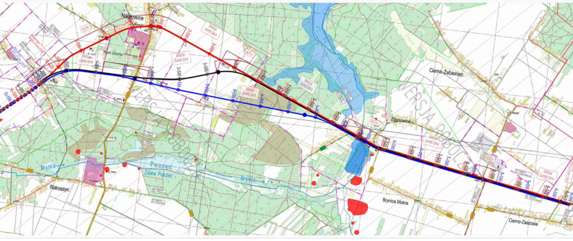 DK78 Nagłowice - Prząsław - orientacja, mapka z trzema wariantami przebiegu 