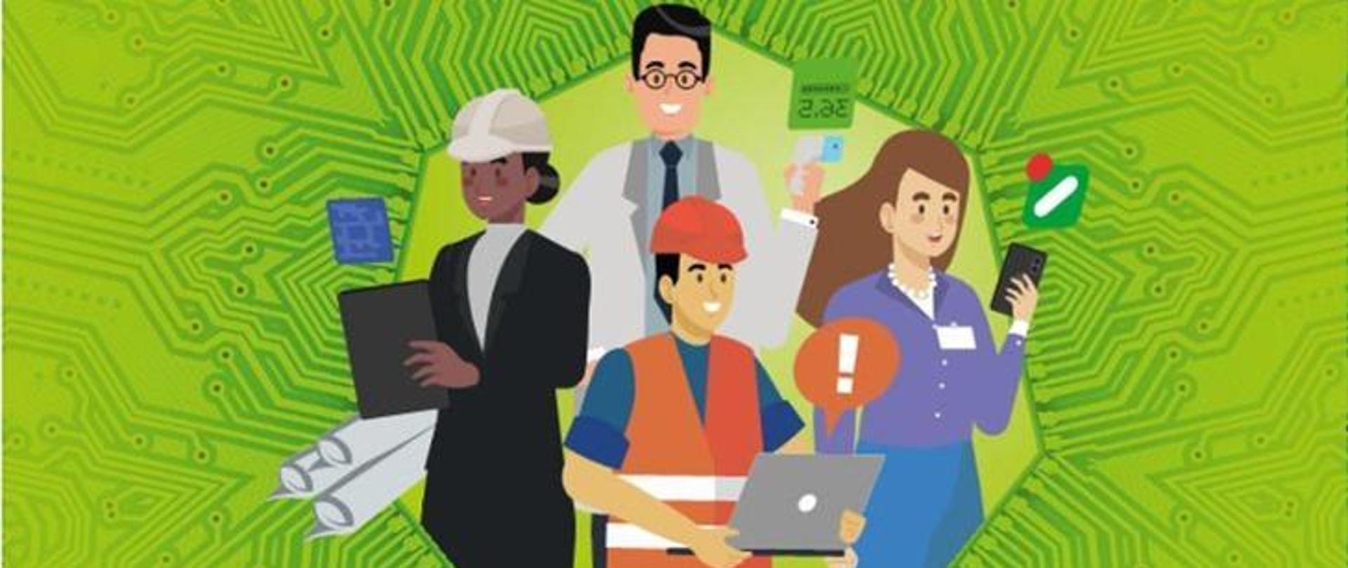 Fragment plakatu kampanii „Bezpieczna i zdrowa praca w epoce cyfrowej”, na którym 4 pracowników trzymających w dłoniach urządzenia elektroniczne - laptop, telefon komórkowy lub tablet. Tło jest jasnozielone, tworzą je płyty PCB.