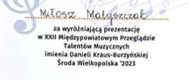 Dyplom wyróżnienia zdobyty przez ucznia podczas konkursu.