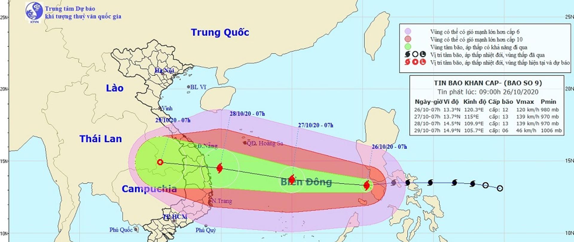 Mapa przedstawiająca prognozę oraz trasę zbliżającego się do Wietnamu tajfunu "Molave"