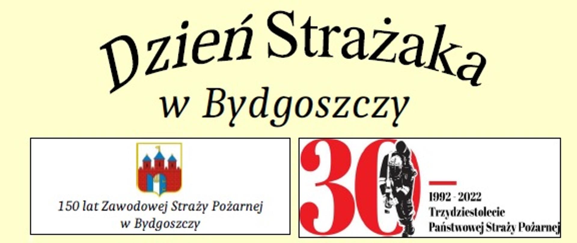 Grafika z żółtym tłem i czarnymi napisami z informacjami szczegółowymi o obchodach Dnia Strażaka 2022 w Bydgoszczy