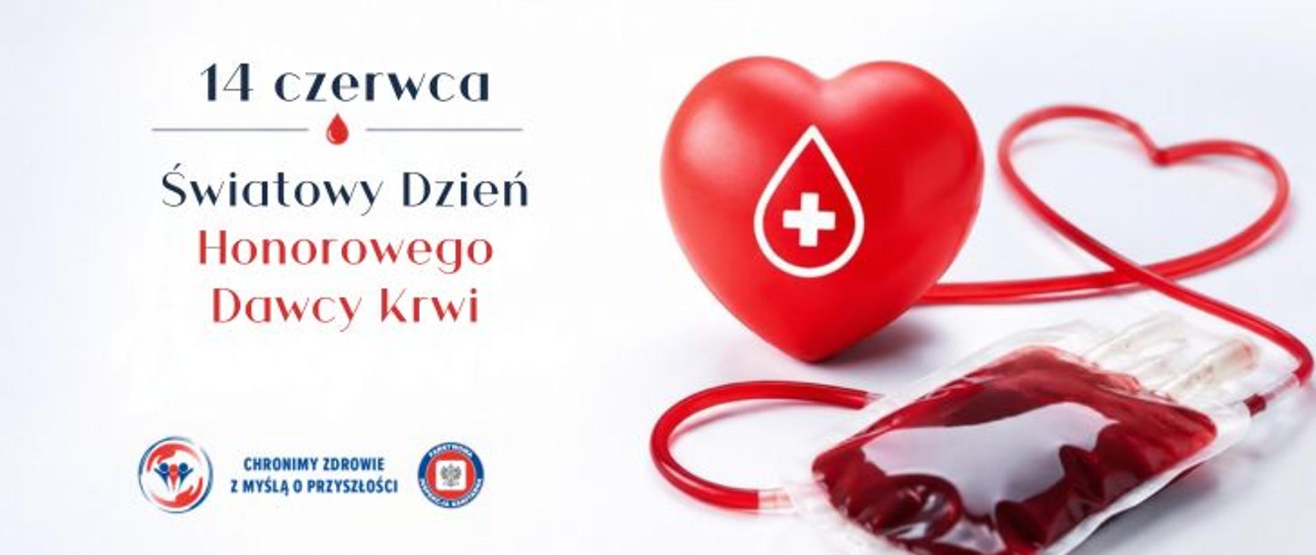 Grafika promująca Światowy Dzień Honorowego Dawcy Krwi na jasnym tle. Po lewej stronie znajduje się napis „14 czerwca Światowy Dzień Honorowego Dawcy Krwi”, a po prawej czerwone serce z symbolem kropli krwi oraz worek do poboru krwi połączony przewodem ułożonym w kształt serca. Całość utrzymana jest w biało-czerwonej kolorystyce, symbolizującej ideę krwiodawstwa i ratowania życia. Na dole logo Państwowej Inspekcji Sanitarnej wraz z hasłem: Chronimy zdrowie z myślą o przyszłości. 