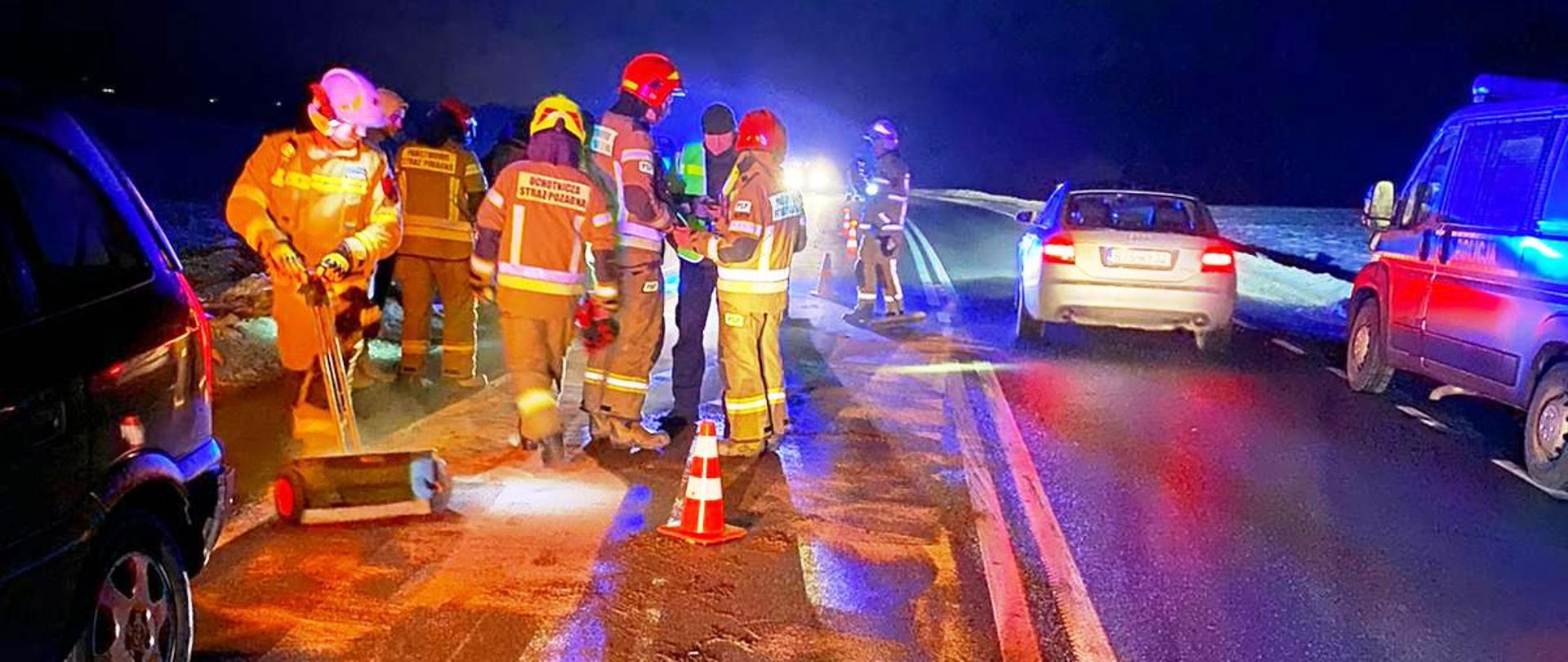 Strażacy usuwają sorbentem wyciek substancji na drogę.