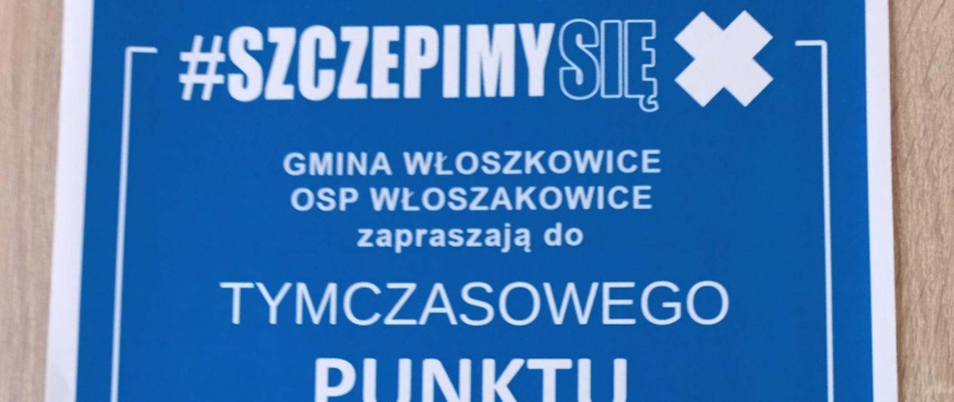 Białe i czerwone napisy na plakacie z niebieskim tłem.