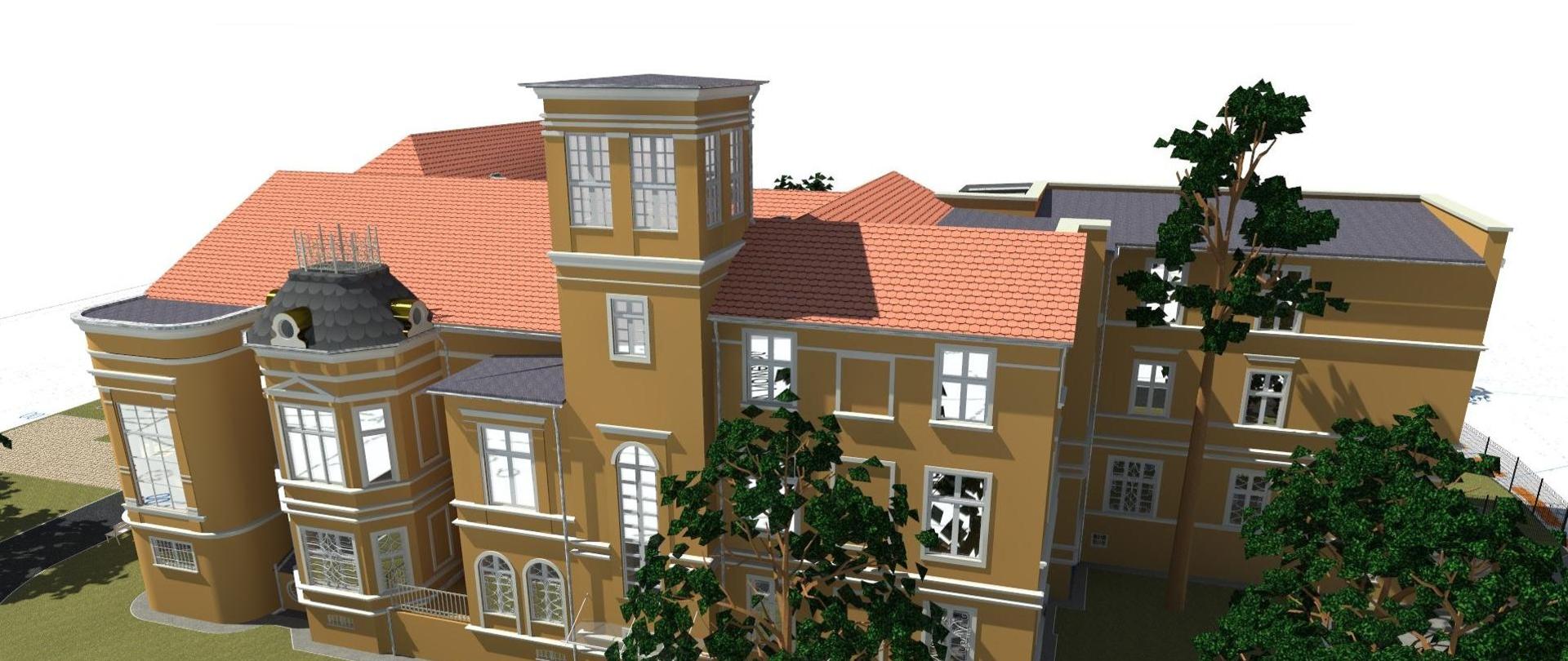 Grafika przedstawia zabytkowy budynek willi fabrykanta.