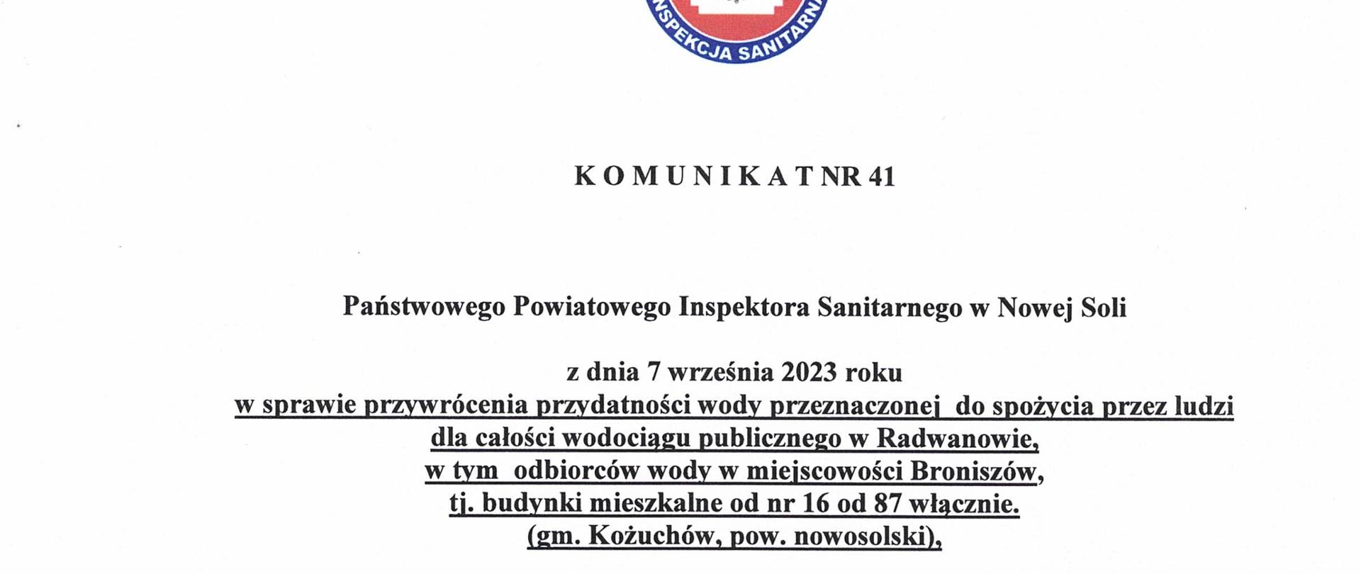 Komunikat nr 41 przywrócenie przydatności Radwanów