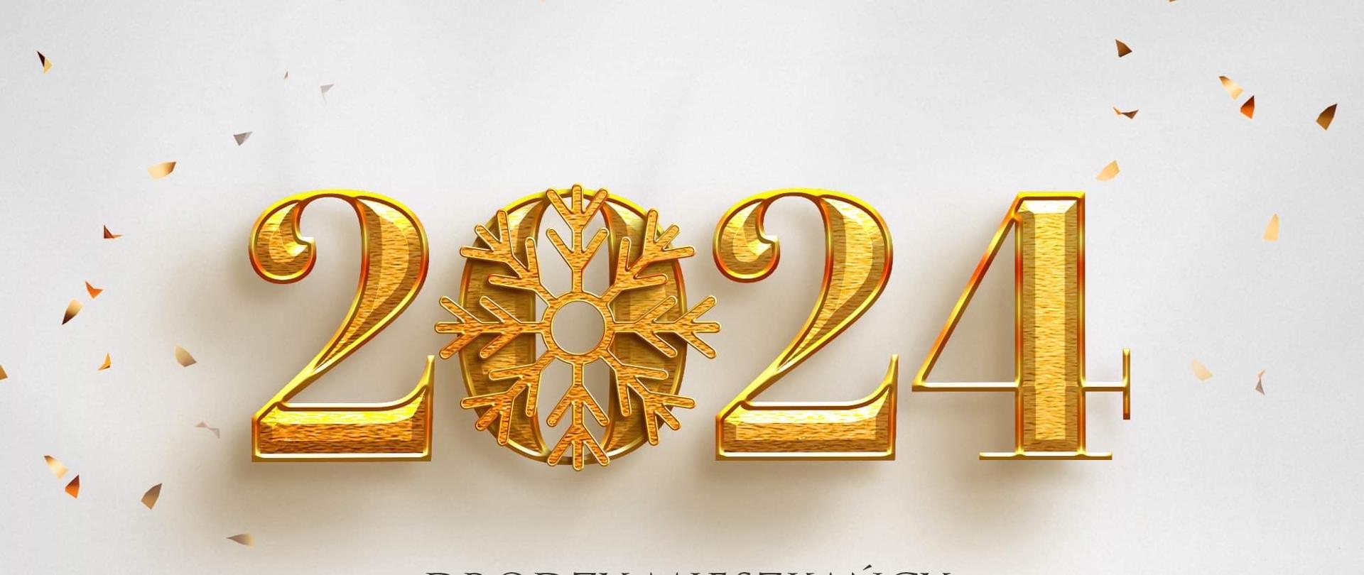 Złoty napis 2024. Pod nim życzenia o treści "DRODZY MIESZKAŃCY WOJEWÓDZTWA PODLASKIEGO! NIECH NOWY ROK 2024 OBFITUJE W ZDROWIE, POMYŚLNOŚĆ I WZAJEMNĄ ŻYCZLIWOŚĆ." Pod życzeniami podpis J. Brzozowski WOJEWODA PODLASKI