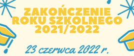 Plakat informuje o zakończeniu roku szkolnego w PSM I i II stopnia w Stargardzie na kremowym tle żółte i niebieskie litery